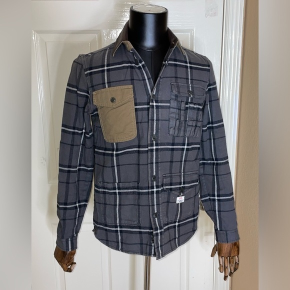 Diesel Chore Shirt Jacket Overshirt Flannel Check Leather Collar Small Mens - Picture 7 of 13